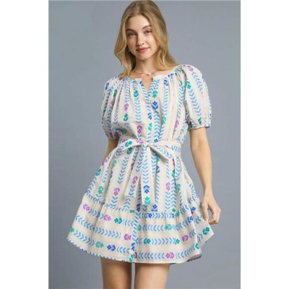 Umgee Printed Tie Waist Puff Short Sleeve Mini Dress - Picture 1 of 3